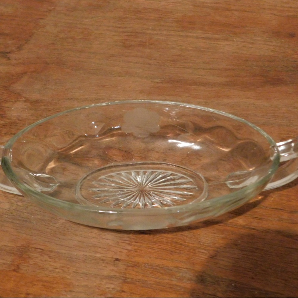 Oval Glass Bowl double Handles Etched